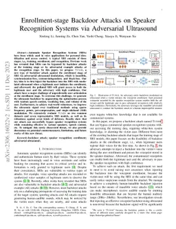 Enrollment-stage Backdoor Attacks on Speaker Recognition Systems via
  Adversarial Ultrasound