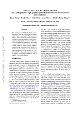 UMASS_BioNLP at MEDIQA-Chat 2023: Can LLMs generate high-quality
  synthetic note-oriented doctor-patient conversations?