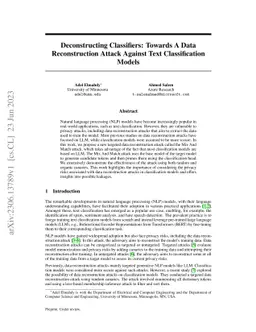 Deconstructing Classifiers: Towards A Data Reconstruction Attack Against
  Text Classification Models