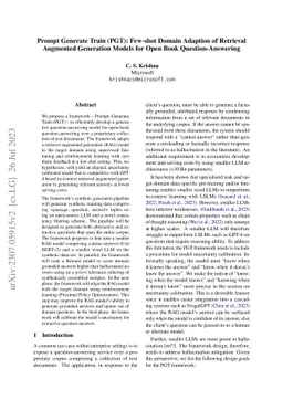 Prompt Generate Train (PGT): Few-shot Domain Adaption of Retrieval
  Augmented Generation Models for Open Book Question-Answering