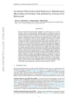 Learning Decentralized Partially Observable Mean Field Control for
  Artificial Collective Behavior