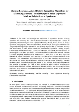Machine Learning-Assisted Pattern Recognition Algorithms for Estimating
  Ultimate Tensile Strength in Fused Deposition Modeled Polylactic Acid
  Specimens
