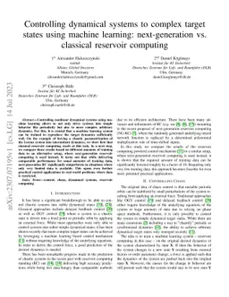 Controlling dynamical systems to complex target states using machine
  learning: next-generation vs. classical reservoir computing