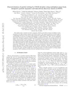 Characterization of partial wetting by CMAS droplets using multiphase
  many-body dissipative particle dynamics and data-driven discovery based on
  PINNs