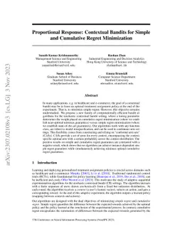 Proportional Response: Contextual Bandits for Simple and Cumulative
  Regret Minimization