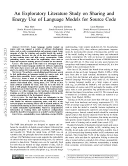An Exploratory Literature Study on Sharing and Energy Use of Language
  Models for Source Code