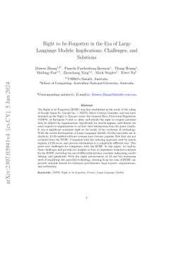 Right to be Forgotten in the Era of Large Language Models: Implications,
  Challenges, and Solutions