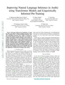 Improving Natural Language Inference in Arabic using Transformer Models
  and Linguistically Informed Pre-Training