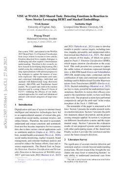 VISU at WASSA 2023 Shared Task: Detecting Emotions in Reaction to News
  Stories Leveraging BERT and Stacked Embeddings