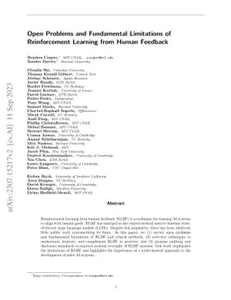 Open Problems and Fundamental Limitations of Reinforcement Learning from
  Human Feedback