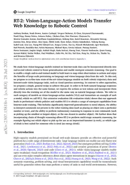 RT-2: Vision-Language-Action Models Transfer Web Knowledge to Robotic
  Control