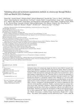 Validating polyp and instrument segmentation methods in colonoscopy
  through Medico 2020 and MedAI 2021 Challenges