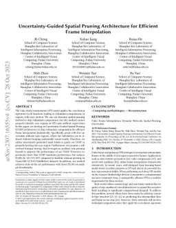 Uncertainty-Guided Spatial Pruning Architecture for Efficient Frame
  Interpolation