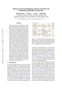 Defense of Adversarial Ranking Attack in Text Retrieval: Benchmark and
  Baseline via Detection
