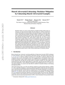 Shared Adversarial Unlearning: Backdoor Mitigation by Unlearning Shared
  Adversarial Examples