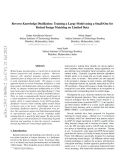 Reverse Knowledge Distillation: Training a Large Model using a Small One
  for Retinal Image Matching on Limited Data