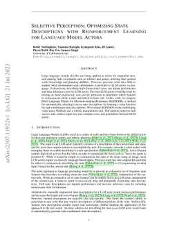 Selective Perception: Optimizing State Descriptions with Reinforcement
  Learning for Language Model Actors