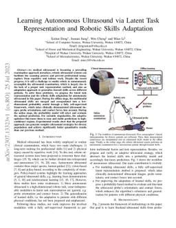 Learning Autonomous Ultrasound via Latent Task Representation and
  Robotic Skills Adaptation