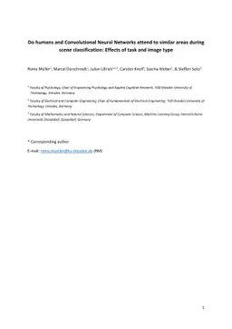 Do humans and Convolutional Neural Networks attend to similar areas
  during scene classification: Effects of task and image type