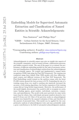 Embedding Models for Supervised Automatic Extraction and Classification
  of Named Entities in Scientific Acknowledgements