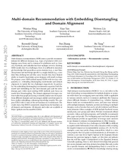 Multi-domain Recommendation with Embedding Disentangling and Domain
  Alignment