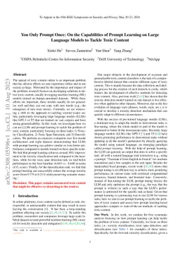 You Only Prompt Once: On the Capabilities of Prompt Learning on Large
  Language Models to Tackle Toxic Content