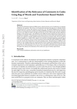 Identification of the Relevance of Comments in Codes Using Bag of Words
  and Transformer Based Models