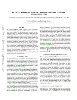 Bilingual Streaming ASR with Grapheme units and Auxiliary Monolingual
  Loss