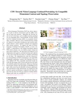 CTP: Towards Vision-Language Continual Pretraining via Compatible
  Momentum Contrast and Topology Preservation
