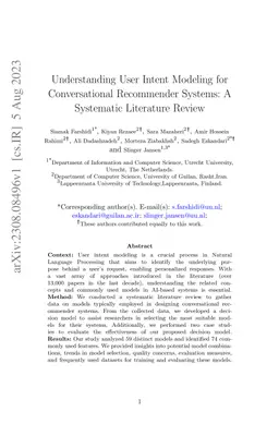 Understanding User Intent Modeling for Conversational Recommender
  Systems: A Systematic Literature Review
