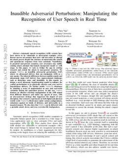 Inaudible Adversarial Perturbation: Manipulating the Recognition of User
  Speech in Real Time