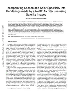 Incorporating Season and Solar Specificity into Renderings made by a
  NeRF Architecture using Satellite Images