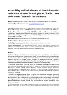 Accessibility and Inclusiveness of New Information and Communication
  Technologies for Disabled Users and Content Creators in the Metaverse