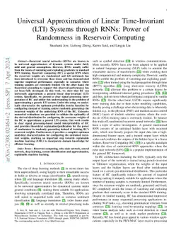 Universal Approximation of Linear Time-Invariant (LTI) Systems through
  RNNs: Power of Randomness in Reservoir Computing