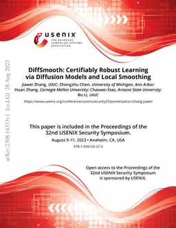 DiffSmooth: Certifiably Robust Learning via Diffusion Models and Local
  Smoothing