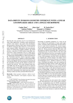 Data-driven 3D Room Geometry Inference with a Linear Loudspeaker Array
  and a Single Microphone