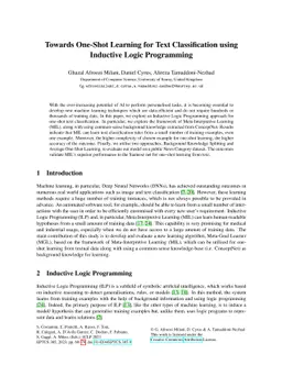 Towards One-Shot Learning for Text Classification using Inductive Logic
  Programming