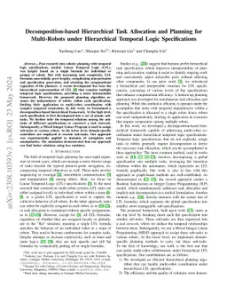 Decomposition-based Hierarchical Task Allocation and Planning for
  Multi-Robots under Hierarchical Temporal Logic Specifications