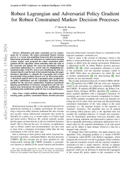 Robust Lagrangian and Adversarial Policy Gradient for Robust Constrained
  Markov Decision Processes