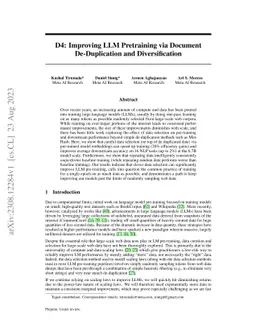 D4: Improving LLM Pretraining via Document De-Duplication and
  Diversification