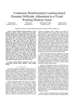 Continuous Reinforcement Learning-based Dynamic Difficulty Adjustment in
  a Visual Working Memory Game