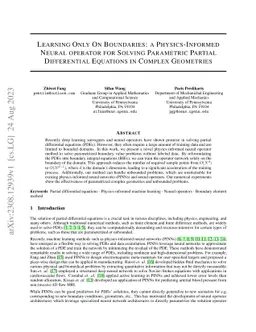 Learning Only On Boundaries: a Physics-Informed Neural operator for
  Solving Parametric Partial Differential Equations in Complex Geometries