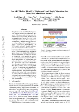 Can NLP Models Ídentify', 'Distinguish', and 'Justify' Questions that
  Don't have a Definitive Answer?