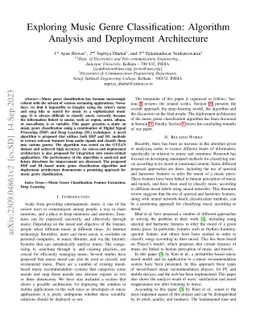 Exploring Music Genre Classification: Algorithm Analysis and Deployment
  Architecture