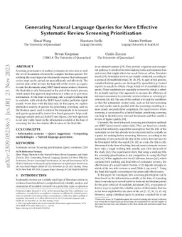 Generating Natural Language Queries for More Effective Systematic Review
  Screening Prioritisation