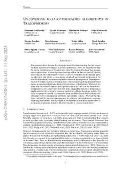 Uncovering mesa-optimization algorithms in Transformers