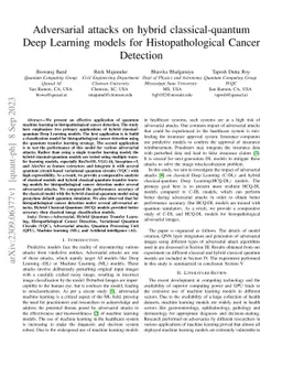 Adversarial attacks on hybrid classical-quantum Deep Learning models for
  Histopathological Cancer Detection
