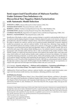 Semi-supervised Classification of Malware Families Under Extreme Class
  Imbalance via Hierarchical Non-Negative Matrix Factorization with Automatic
  Model Selection