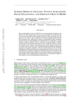 Sudden Drops in the Loss: Syntax Acquisition, Phase Transitions, and
  Simplicity Bias in MLMs