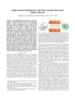 Stable In-hand Manipulation with Finger Specific Multi-agent Shadow
  Reward